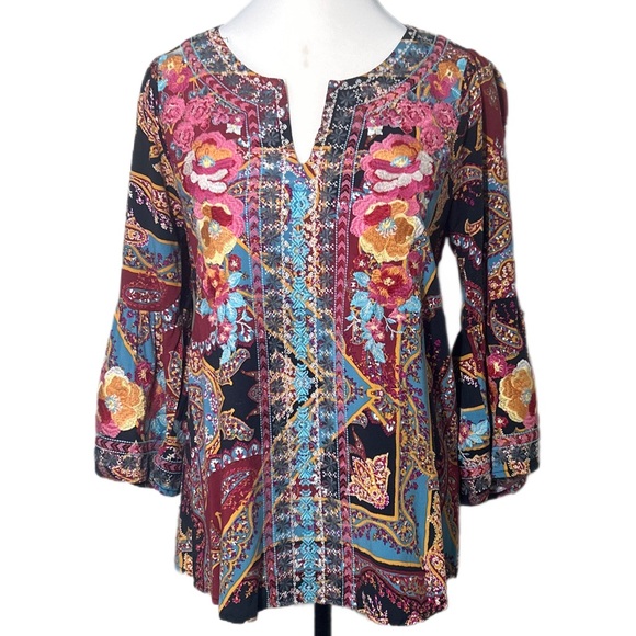 Savanna Jane Sweet Touch Black Pink Floral Embroidered Paisley Boho Blouse - Picture 1 of 10